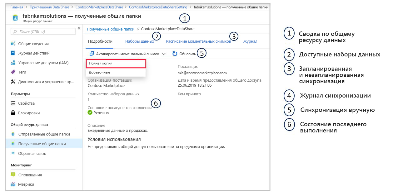 снимок экрана портала Azure на панели конфигурации Data Share с выделенной настройкой запуска создания моментального снимка.